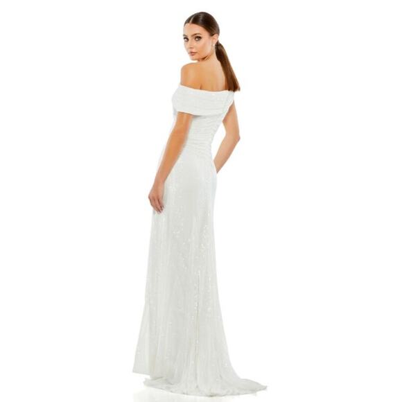 NWT Ieena for Mac Duggal White Sparkle Off the Shoulder Maxi Gown (Style 26550) - Picture 3 of 3